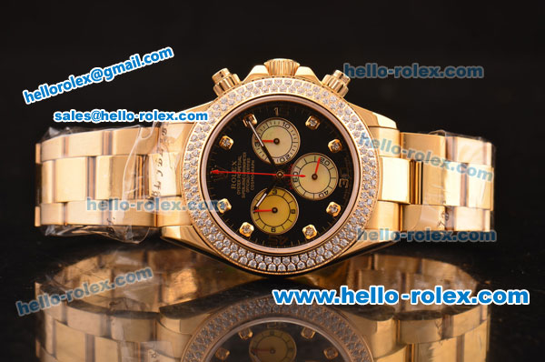 Rolex Daytona Swiss Valjoux 7750-SHG Automatic Gold Case/Strap with Diamond Bezel - Black Dial and Diamond Markers - Click Image to Close